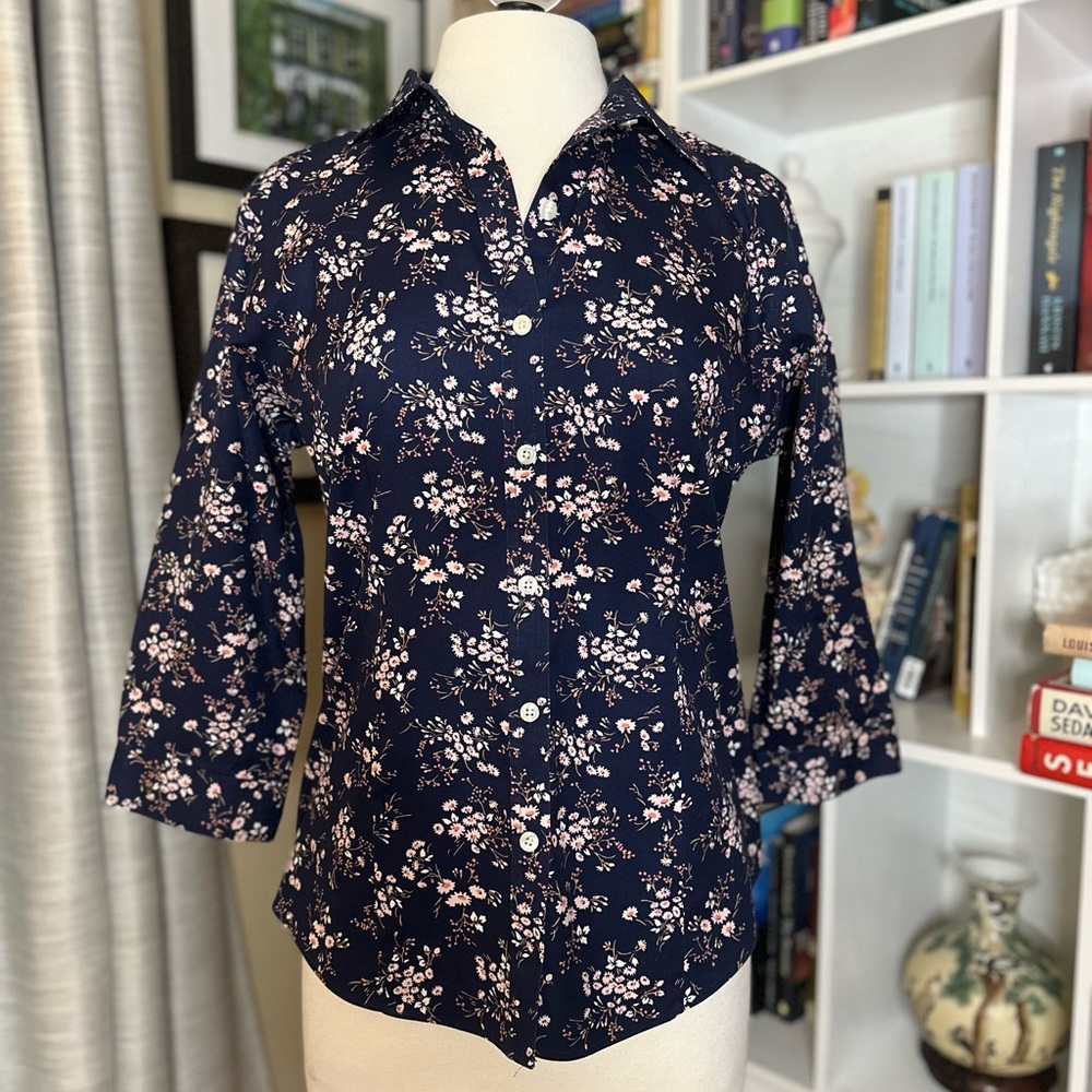 L.L. Bean Floral Navy Shirt with Pink and White Accents